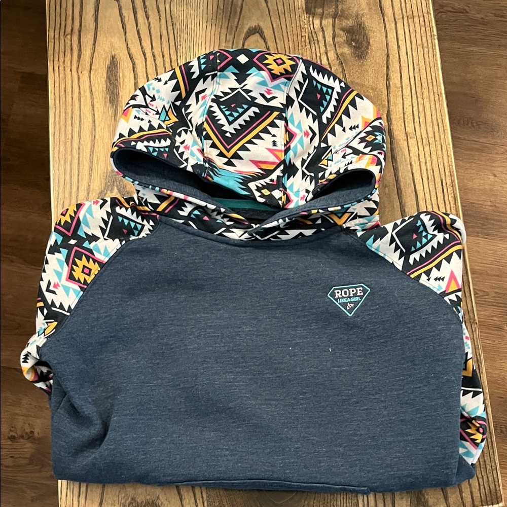 Hooey Navy Kids Hoodie with Colorful Aztec Hood & Sleeves Xl
